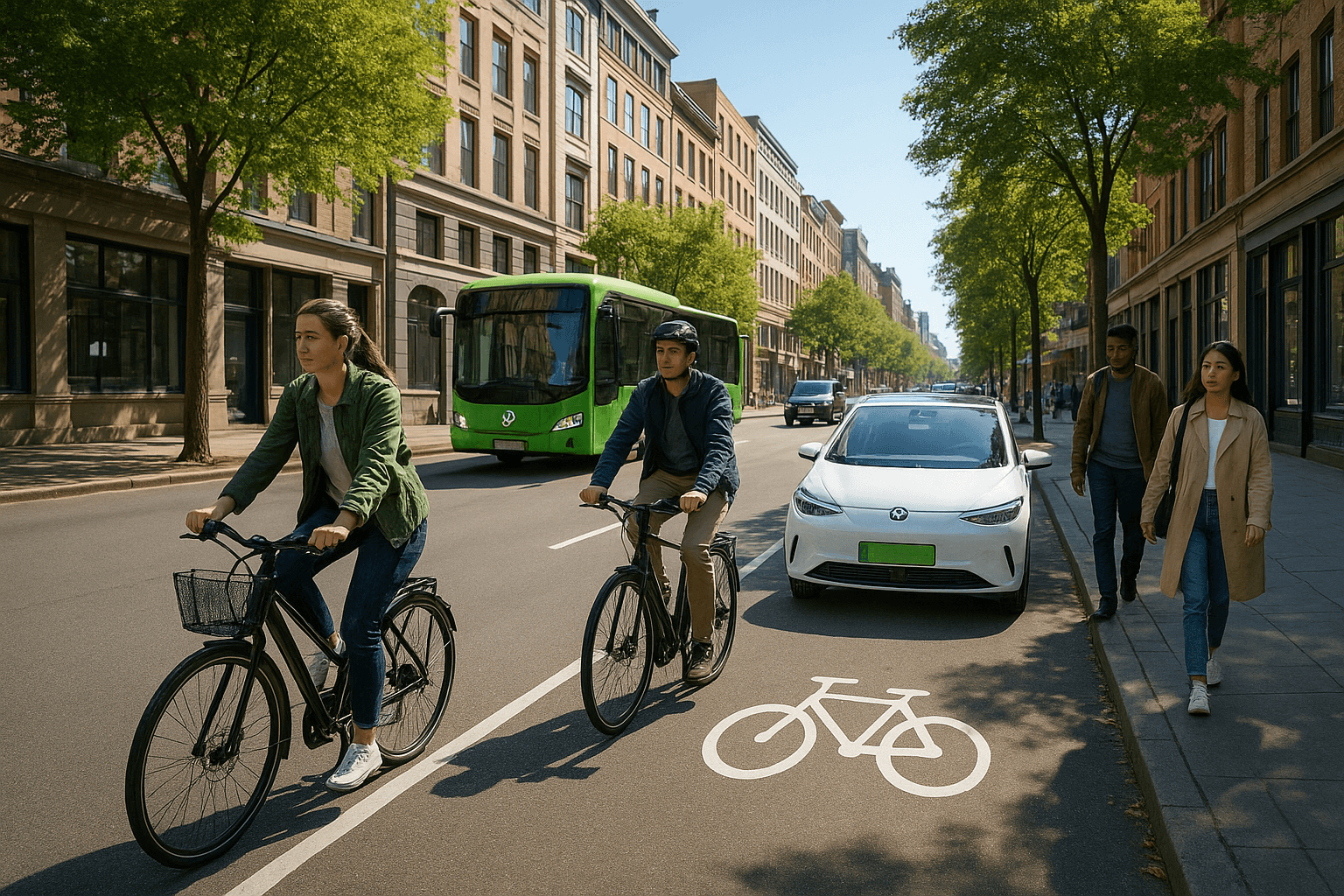City streets with bicycles, pedestrians, and electric vehicles to illustrate green mobility Городские улицы с велосипедами, пешеходами и электромобилями, чтобы проиллюстрировать зеленую мобильность
